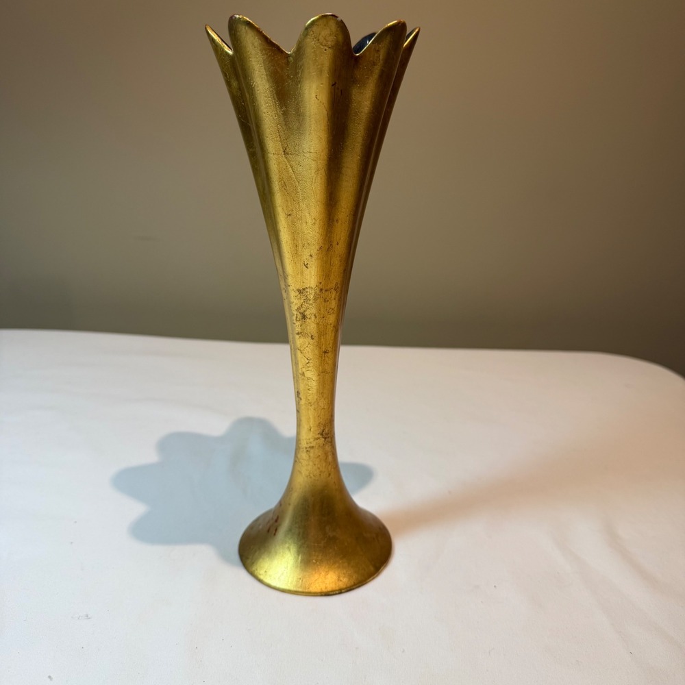 Rare Vintage Anthony California 572 Gold Metal‎ Trumpet Bud Vase Scalloped 11.5"